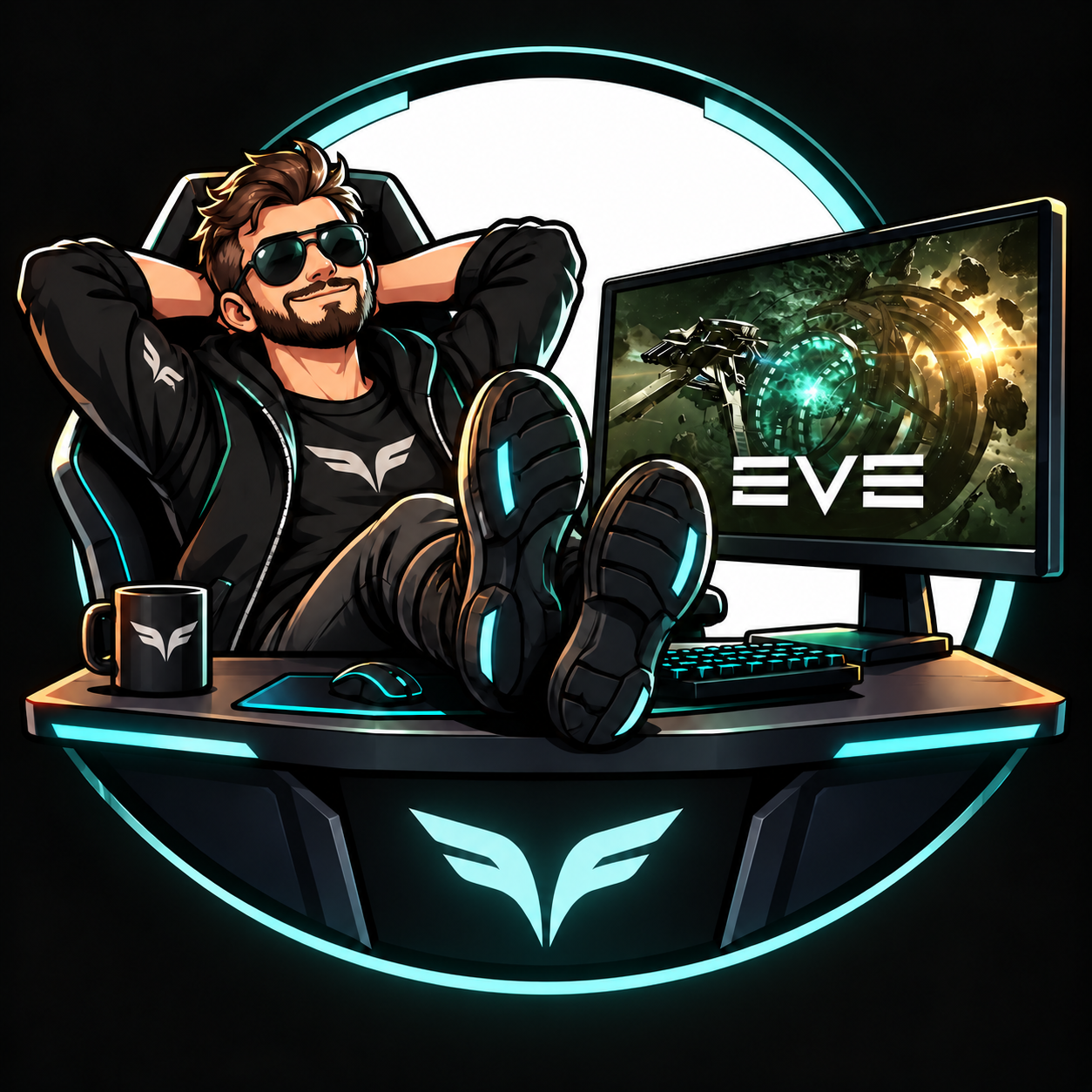 Lazyeve bot mascot at a computer